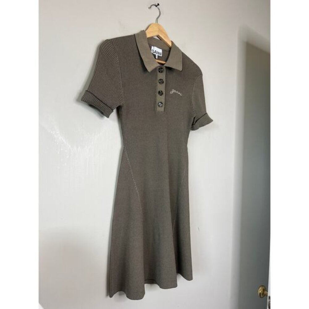NEW Ganni Melange Collar Embroidered Short-Sleeve Knit Mini Dress Safari Size: M - Picture 3 of 8